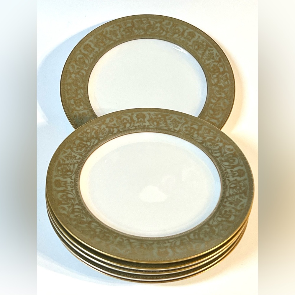 Set of 6 Sango Versailles Japan Sage Green Band & Gold Design Salad Plates 6.5"